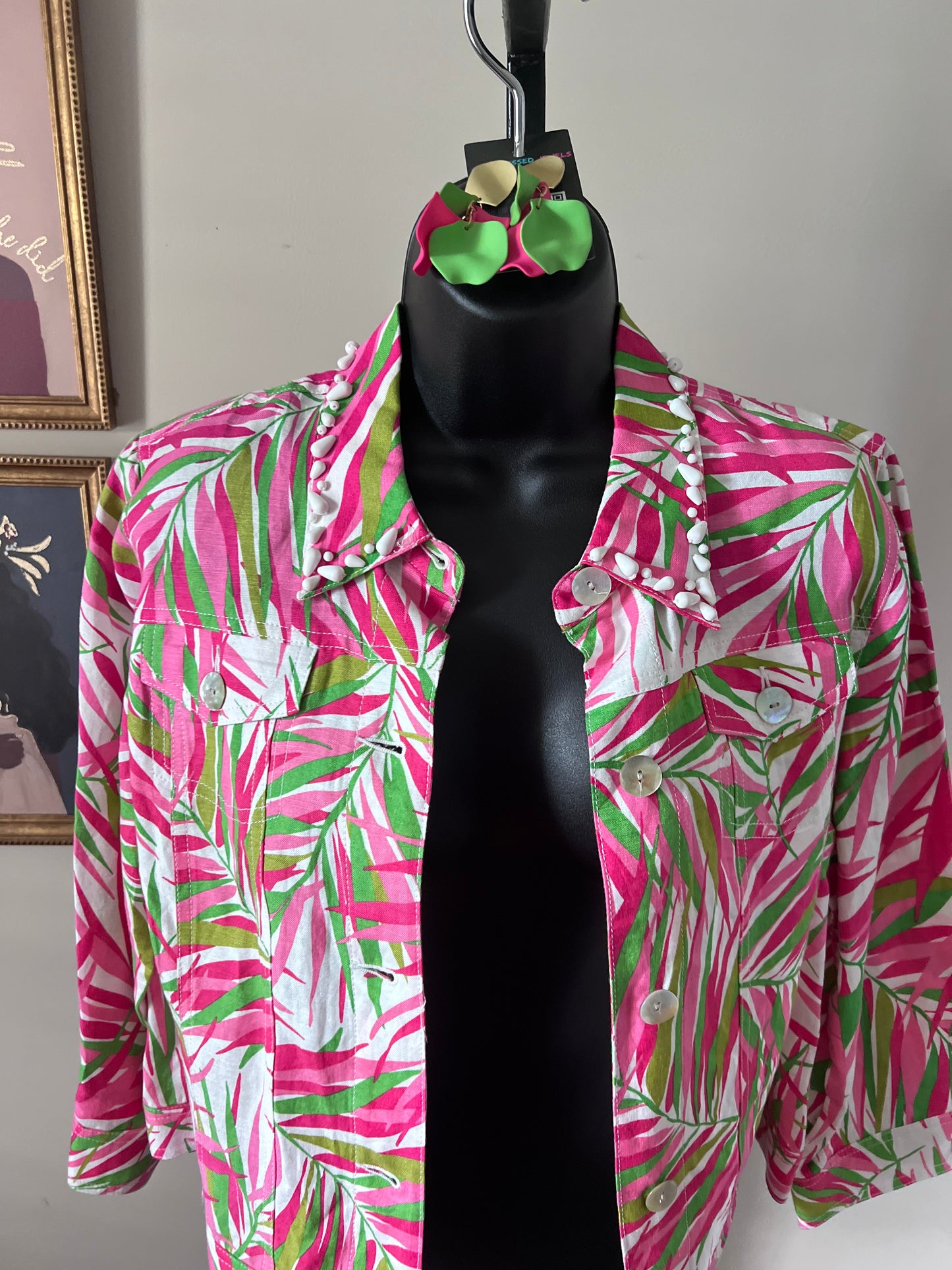 Ruby Rd. Women's Size 10 Pink Green Leaf Tropical Linen Blend Blazer